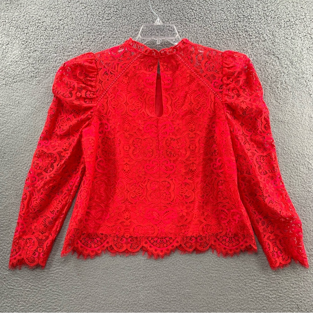 Lilly Pulitzer Averi White Puff Sleeve Top Scalloped Hem Red Hot Pink Two Tone L - Picture 9 of 12